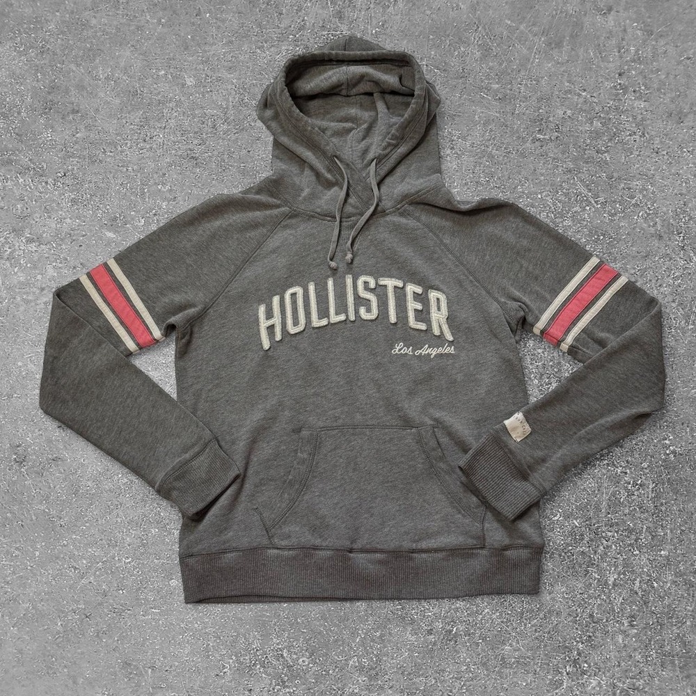 Hollister Co Womens Gray Hoodie Pink White Striped Sleeves Y2K Preppy Large